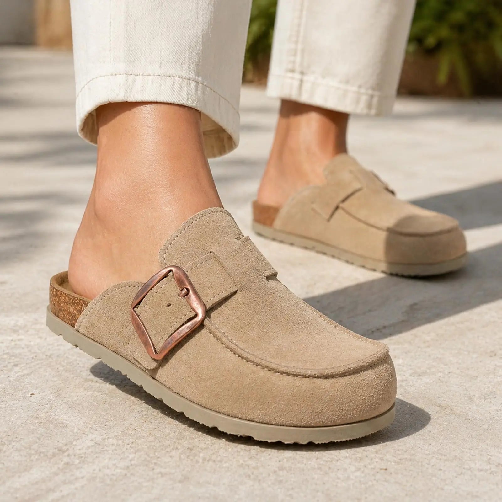 Evshine Women's Genuine Suede Clogs New Cork Footbed Mules Slip On Slippers Unisex Memory Foam Clogs Slippers With Arch Support