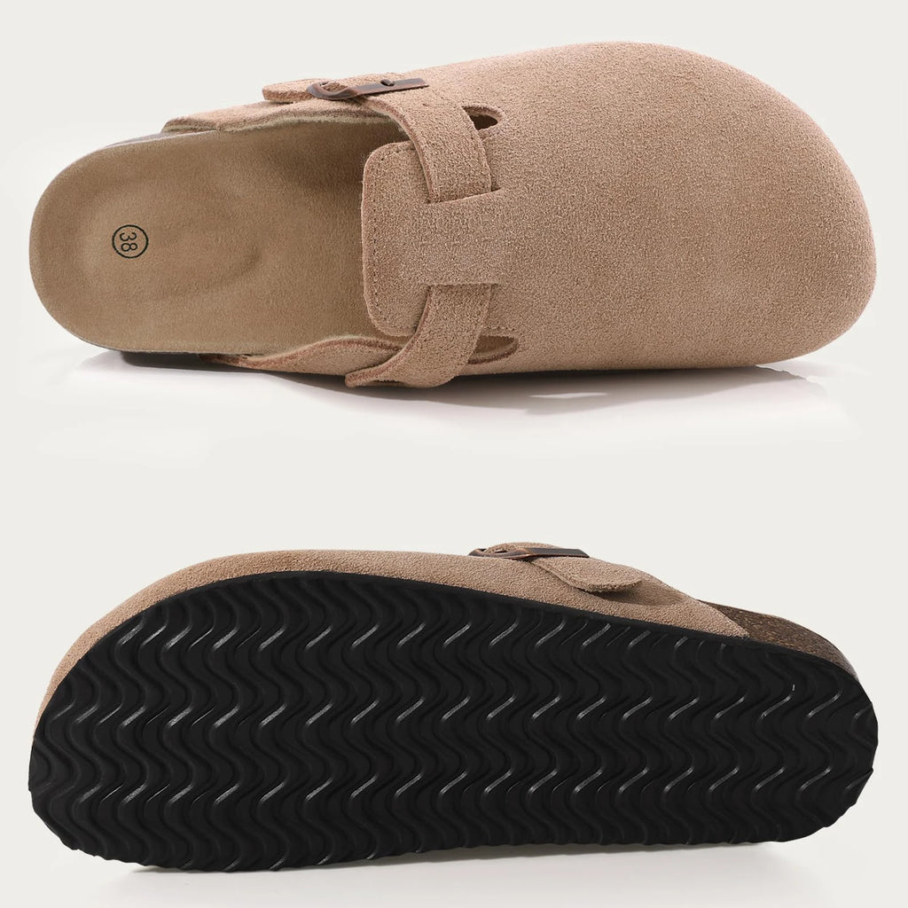 Evshine Women's Cow Suede Clogs with Arch Support Comfort Cork Footbed Mules Men Fashion Potato Shoes Genuine Cork Clogs Slipper