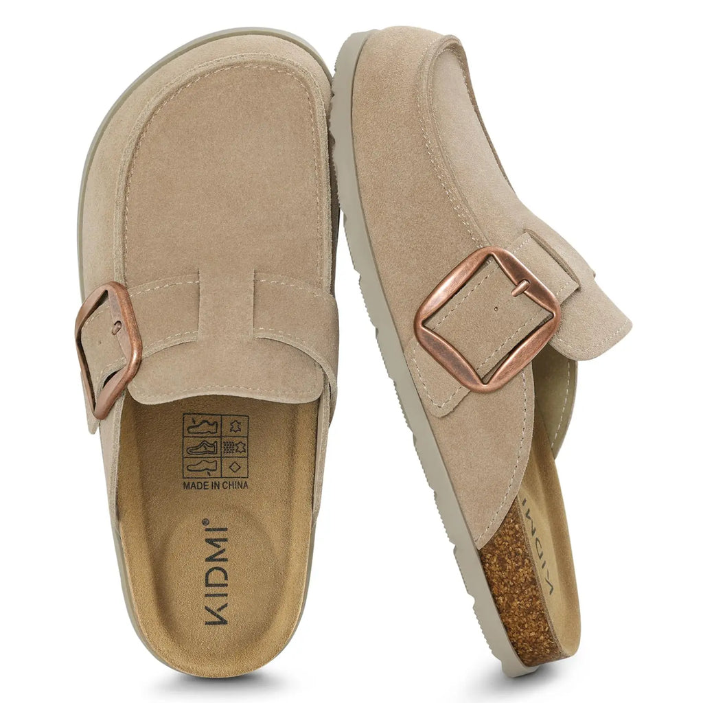 Evshine Women's Genuine Suede Clogs New Cork Footbed Mules Slip On Slippers Unisex Memory Foam Clogs Slippers With Arch Support
