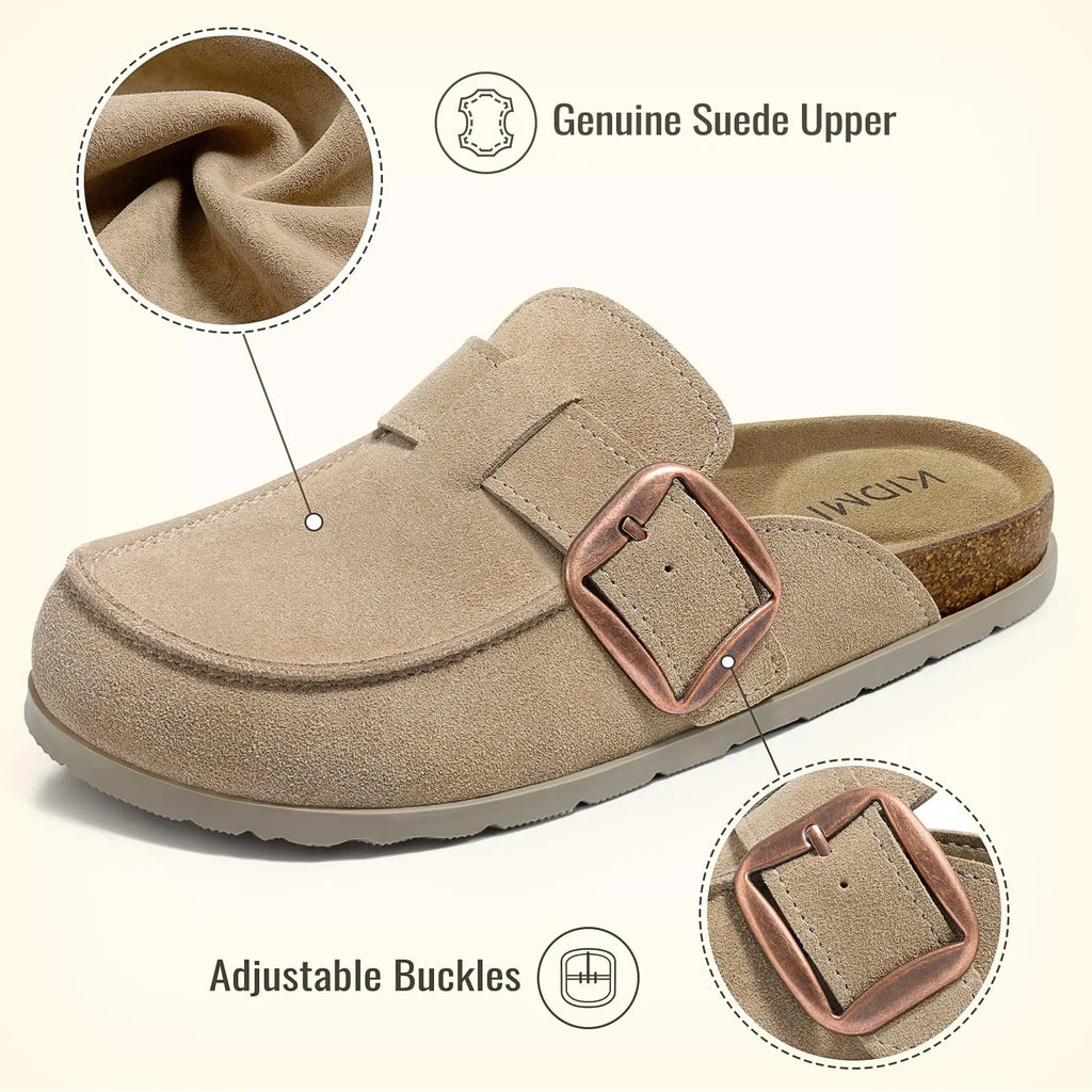 Evshine Women's Genuine Suede Clogs New Cork Footbed Mules Slip On Slippers Unisex Memory Foam Clogs Slippers With Arch Support