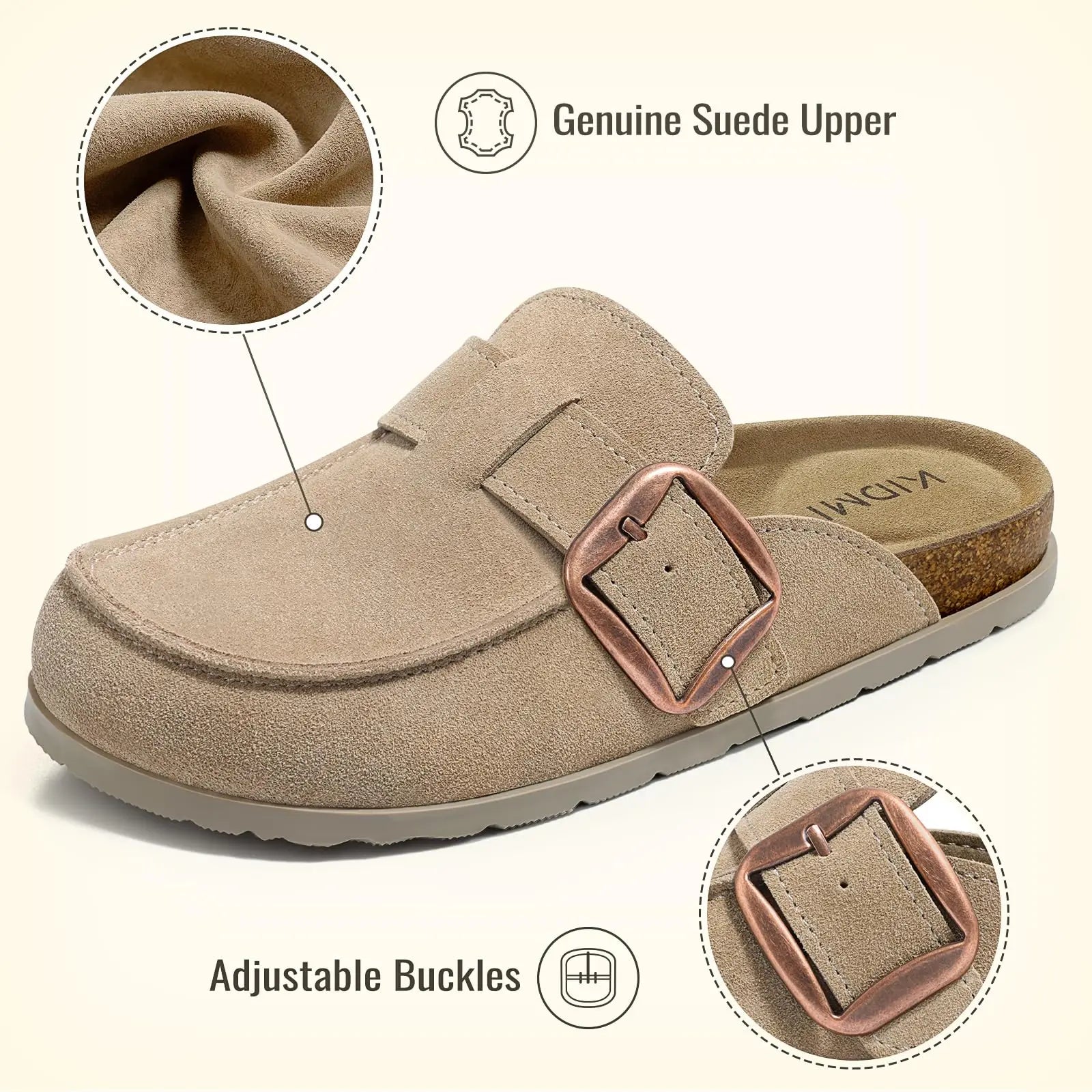 Evshine Women's Genuine Suede Clogs New Cork Footbed Mules Slip On Slippers Unisex Memory Foam Clogs Slippers With Arch Support