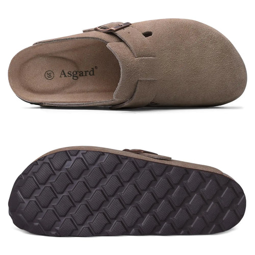 Crestar Women's Suede Clogs Lady Fashion Buckle Leather Mules Comfort Cork Footbed Potato Shoes with Arch Support Beach Sandal