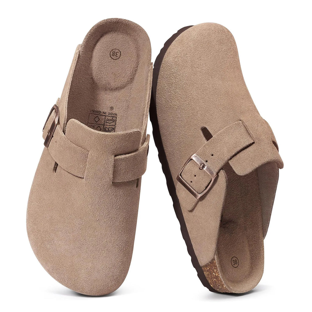 Evshine Women's Cow Suede Clogs with Arch Support Comfort Cork Footbed Mules Men Fashion Potato Shoes Genuine Cork Clogs Slipper