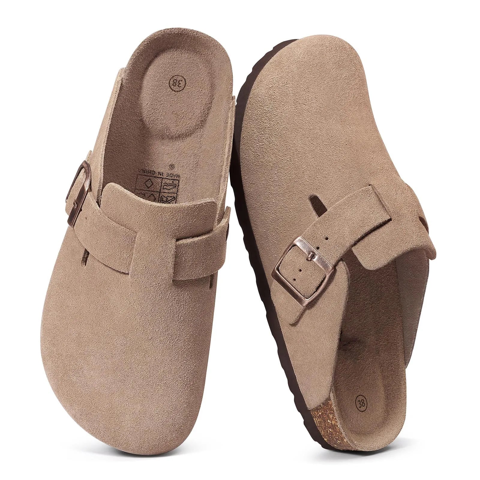 Evshine Women's Cow Suede Clogs with Arch Support Comfort Cork Footbed Mules Men Fashion Potato Shoes Genuine Cork Clogs Slipper