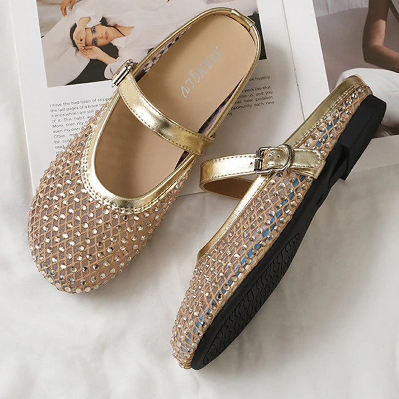 Luxury Shinny Diamond Women Mules Slippers Summer Shoes Crystal Footwear Rhinestones Slip On Brand Mary Jane Sandals Mesh Clogs